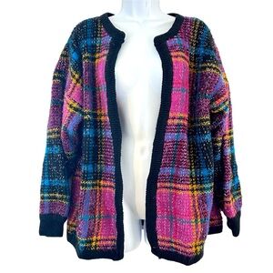 TJW Chunky Knit Cardigan Multicolor Plaid OSFM